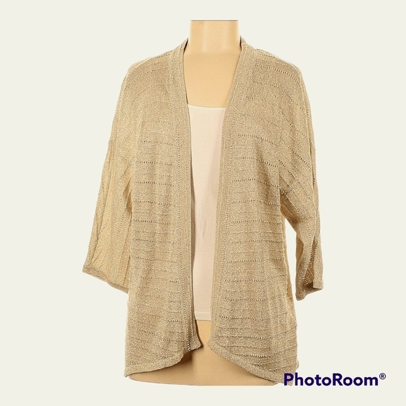 Chico's* Gold Metallic* 3/4 Length Sleeve* Open Front* Cardigan Sweater* Sz S - Picture 1 of 5